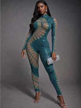 Emerald Sheer-Panel Embellished Jumpsuit